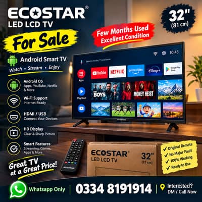 Ecostar 32” Android Smart LED TV – Few Months Used | Excellent Condit