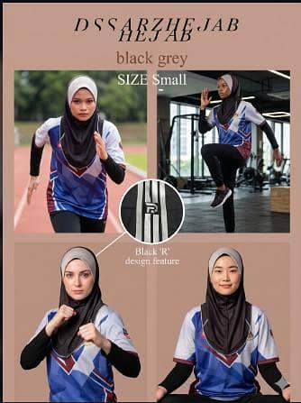 1 pcs Sports Hijab Size S Black Grey - Lightweight Breathable Instant Activewear Tudung Sukan R5627