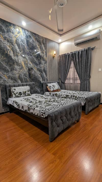 Pair of Grey Velvet Single Beds with Mattresses
