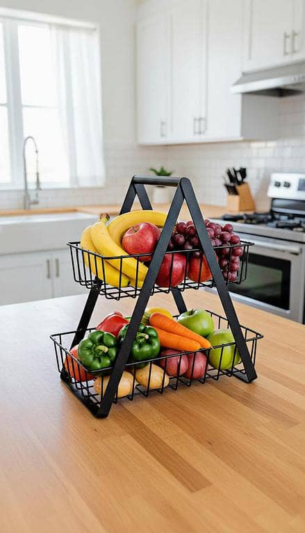 Modern 2-Tier Fruit & Vegetable Basket for Kitchen Counter – Black Metal