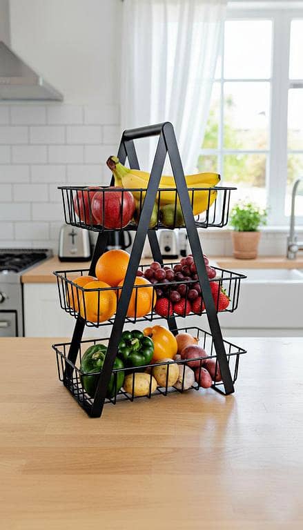 3-Tier Metal Fruit Basket for Countertop – Black Steel Kitchen Organizer