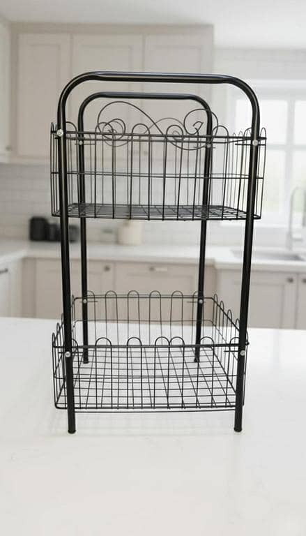 Modern 2-Tier Matte Black Heavy-Duty Kitchen Organizer Rack – Metal Fruit & Vegetable Storage Stand for Countertop or Pantry