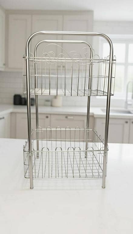 Modern 2-Tier Chrome Heavy-Duty Kitchen Organizer Rack: Metal Fruit and Vegetable Basket Stand for Countertop and Pantry Storage
