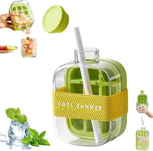 SAJEES ] Ice Cube Bottle, 2 in 1 Zero Touch Press Ice Cube Mold Water Bottle with Lid and Bin, Ice Bottle Cup, Easy Press to Release Vertical Ice Cube Tray with Lid for Freezer