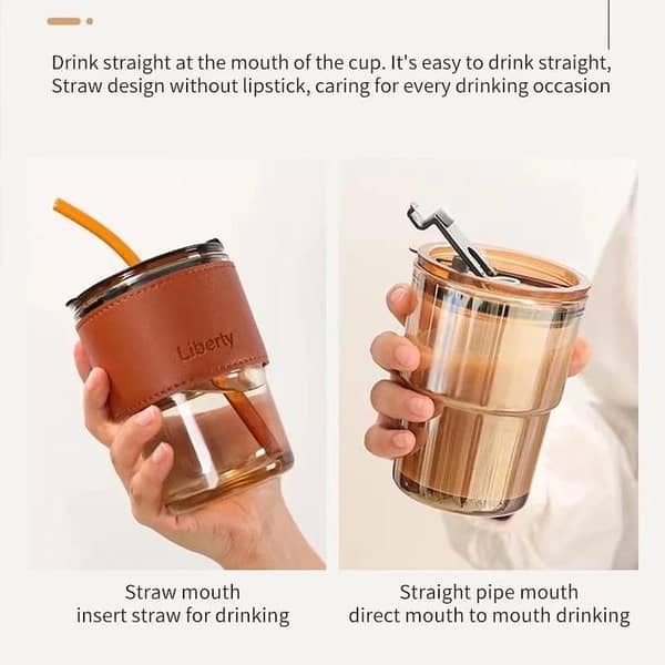 SAJEES] 400ML Slub Glass Straw Cup Pyrex Glass Straw Cup Student portable cup Cold Coffee Cup with Lid Beverage Tea Cup Coffee Juice Milk Tea