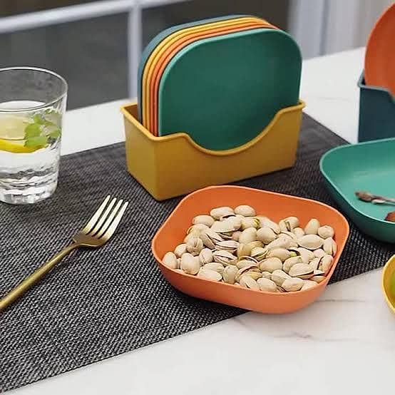Kitchen Accessories Square Plastic Dinner Plate Set (Set of 10 Pcs) Colorful Snacks/Breakfast Plate with Stand Kitchen Tools - 10Pcs - MultiColor