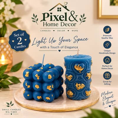 Elegant Blue & Gold Handmade Candle Set – 2 Pieces