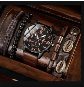 5PCS Set Fashion Sports Bracelet Watches For Men Retro Big Dial Quartz Wrist Watch Classic Male Casual Brown Leather A R3277