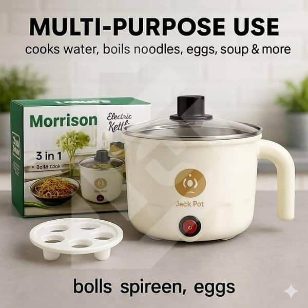 Electric Kettle For Home Kitchen 1.2L 500W with Steam Cooking, Noodle and Egg Boiler Multifunction Pan