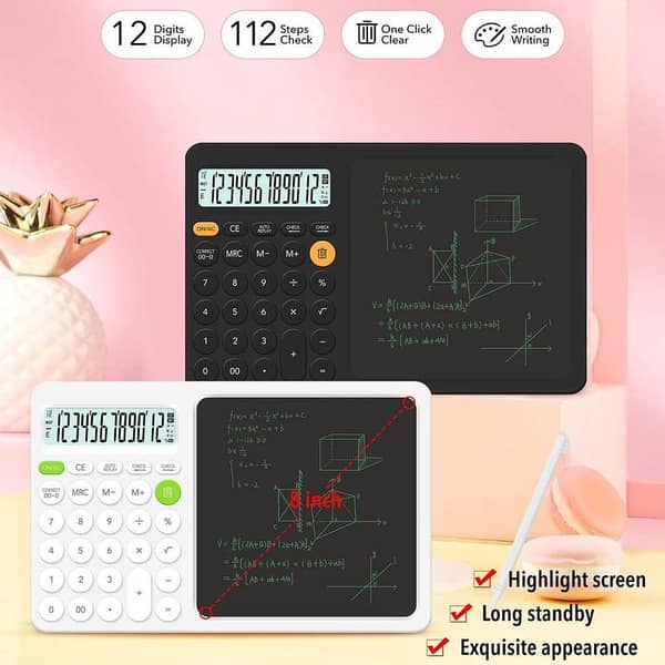 Calculator Notepad with 8-Inch LCD Writing Tablet, Desk Calculator with Pen, Time Function