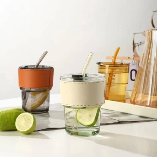 Glass Tumbler with Straw, Lid & Leather Sleeve, Masson Jars Slub Glass Reusable Eco Friendly Glass Coffee Mug Tea Mug Tumbler