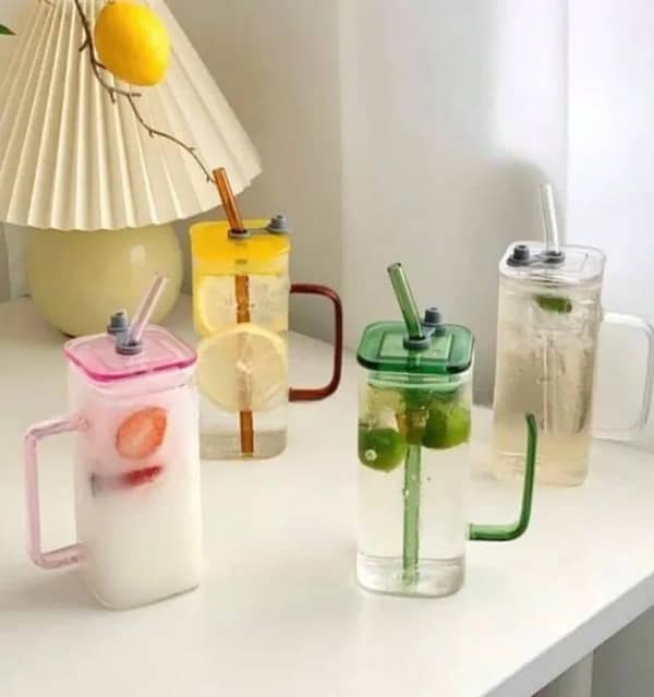 Glass Tumblers Cups With Straw Mason Jar Clear Juice ice cream Coffee Milk Cup With Plastic Lids Drink ware Stripe