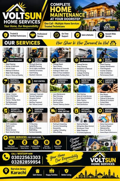 Complete Home Maintenance Services! Electrical,Plumbing,AC,Civil,solar