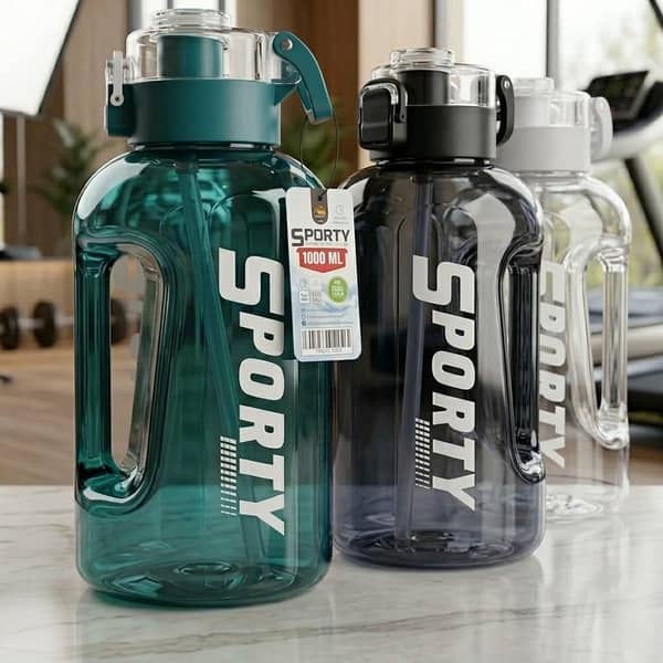 Sporty Water Bottle (BPA Free) Premium Quality with Time Marker 1.0L Large Water Jug Sports Water Bottle with Handle, Leak Proof  Big Bottle for Fitness Gym Outdoor Travel Daily Life Workout