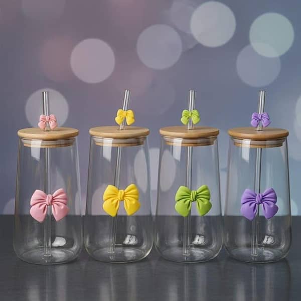 Transparent Bow Glass Cup with Bamboo Lid & Straw – Perfect for Juice, Coffee & Smoothies (Random color)