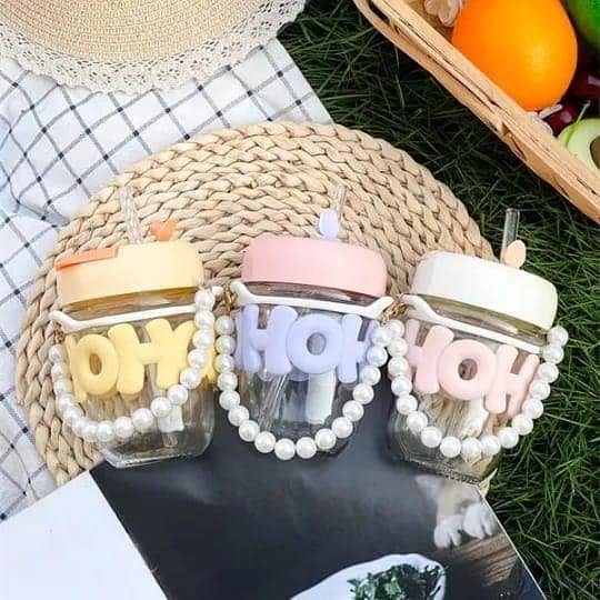 Imported Cute Girl Transparent Glass Heat Resistant Tumbler With Pearl Chain Sipper Glass Cup Portable Double Drinking Aesthetic Coffee Mug With Straw Gift For College Girls Teen hoho Mugs for Gift