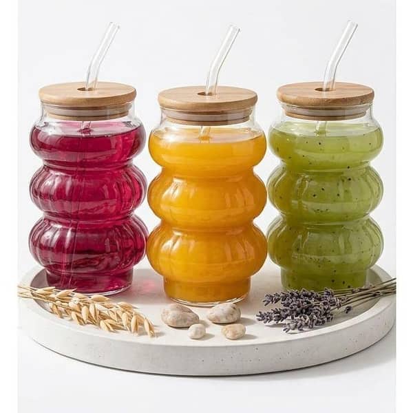Juice Glass Lid Ribbed Glass Mug with Straw, Mason Jars, Tumbler Can, With Cover, Mug for JUICE and COFFEE Glass