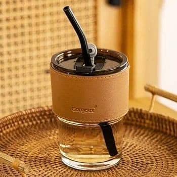 Tumbler Mug with Lid, Glass Straw and Protective Anti-Skid Leather Sleeve for Hot and Cold Beverages Tea Coffee Smoothies Fruit Juice Travel Mug .