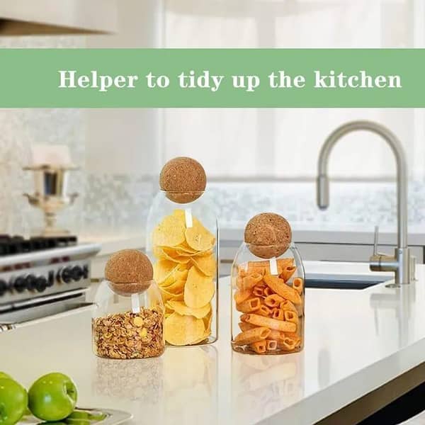 3 Pcs Glass Jars with Cork Ball Lid Set Kitchen Food Terrarium Airtight Clear Storage Canisters with Wooden Lids for Cookie Candy Coffee Bean