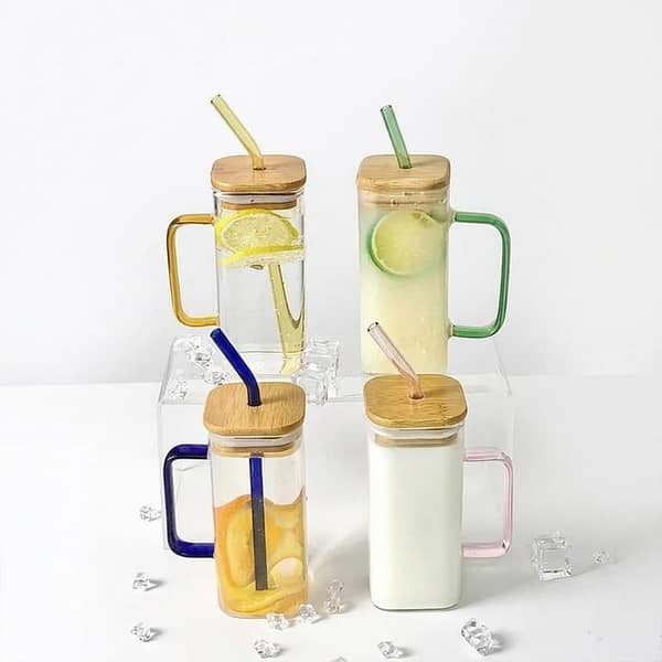 Drinking Glass with Straw, Handle and BamboO Lid, Juice and shake Glass,Large Size