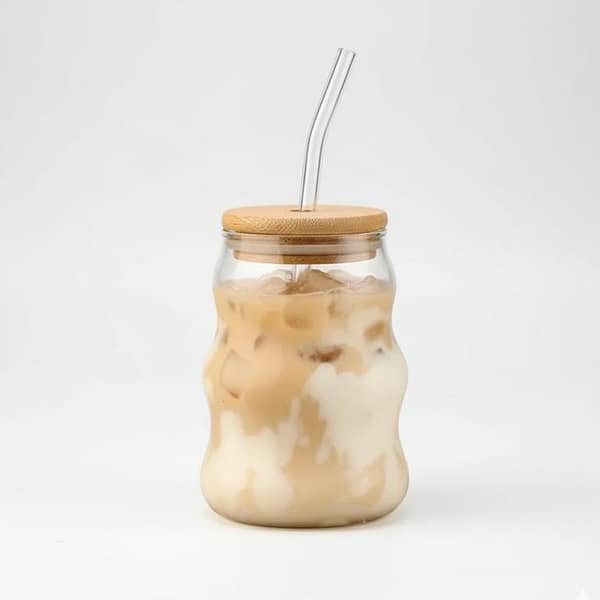 Tumbler Can Lid Ribbed Square Glass Mug 500Ml with Straw, Mason Jars With Cover, Mug for Fruit Juice Milk & Coffee Mug.