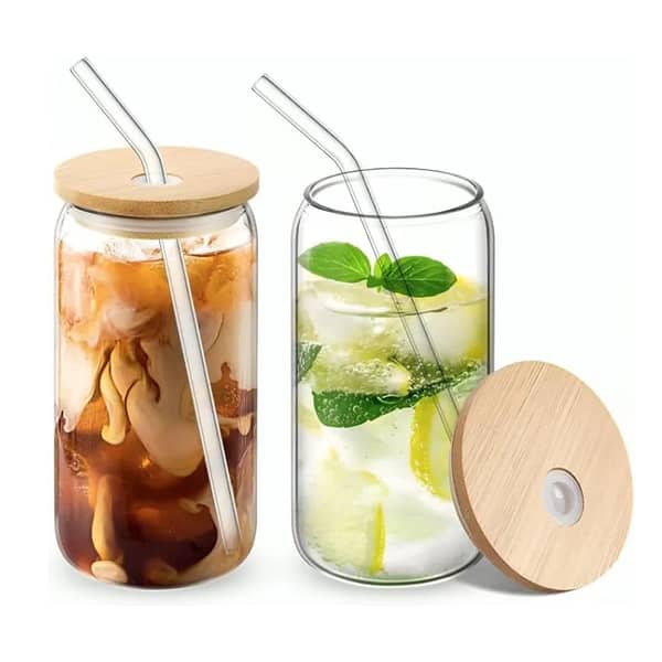 Round shape Glass with glass straw and wooden lid, coffee glass, milk glass, juice glass -Imported high quality - cups for tea - tea cup - coffee mug - kitchen accessories. 380ML