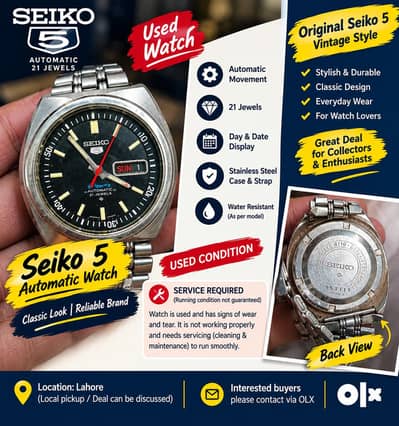 Seiko 5 Automatic 21 Jewels- Original Japan Watch Service Required