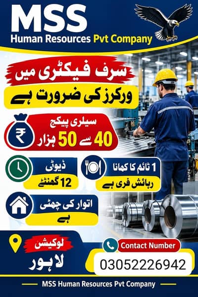 Factory Workers Required in Lahore For Job | 03190252896