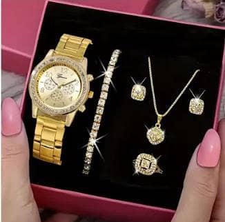 5 PCS Set Gold Watch Women Luxury Ring Necklace Earrings Rhinestone Fashion Wristwatch Female Casual Watches Bracelet Set A R3246