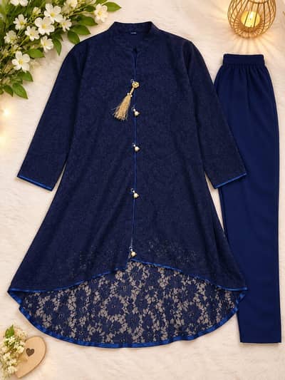 Designer Navy Blue 2-Piece Lace Dress Frock and trouser