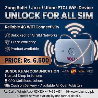 Zong Bolt+ / Jazz / Telenore/ Ufone / PTCL WiFi Device 1 Year Warrty