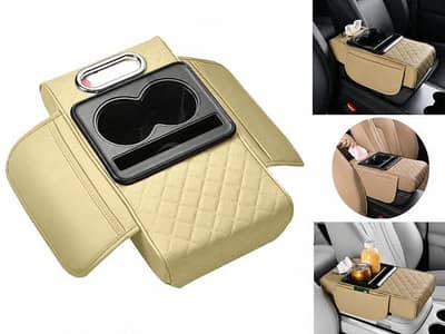 Premium Leather Car Armrest Organizer with Tissue Box & Cup Holder