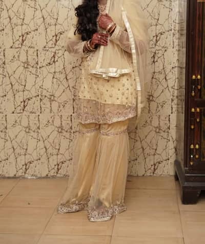 Gorgeous Gold/Skin Net Sharara Suit - Heavy Embroidered (Size Large
