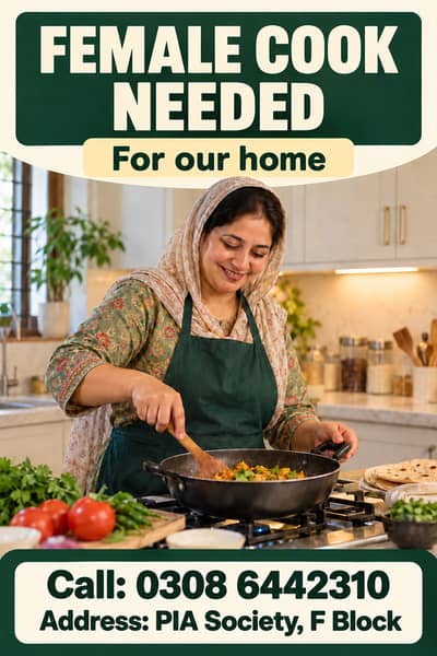 Female cook Job, Female Cook is needed for home cooking.