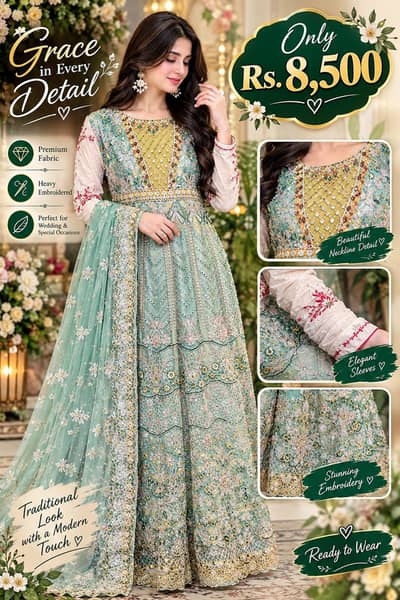 elgent mint green embroidered formal dress wedding party wear ready