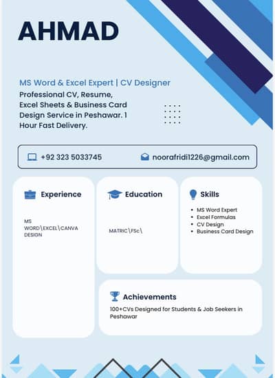 Professional CV Resume Design + Excel & Business Card - Peshawar - 1