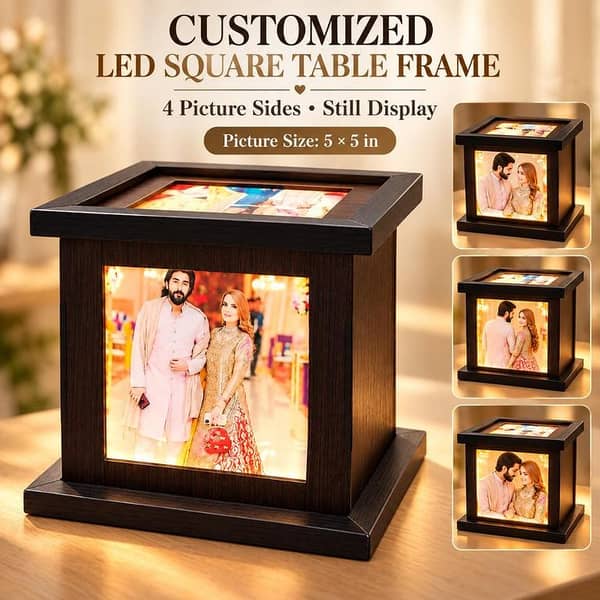 Customized LED Photo Frame, 4-Sided Square Table Picture Frame, Custom Photo Gift, 5 x 5 Inch Pictures, Still Display