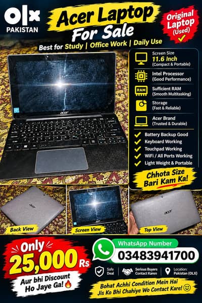 Acer Laptop For Sale | Intel | 11.6 Inch | Rs. 25,000