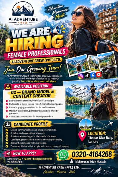 WE ARE HIRING — FEMALE PROFESSIONALS   AI ADVENTURE CREW (PVT. ) LTD