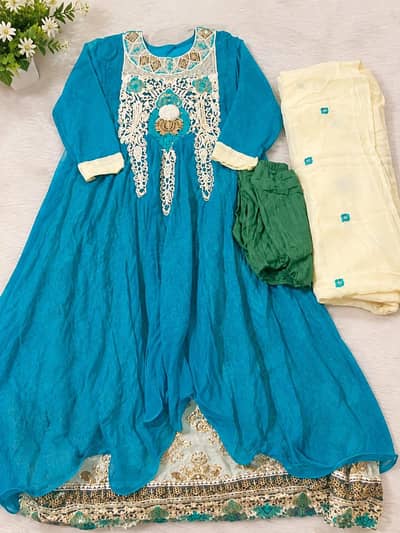 Green Embroidered Frock Kameez with Cream Dupatta