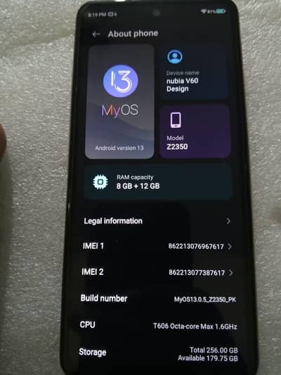 Nubia v60 8+12gb ram 256 gb rom