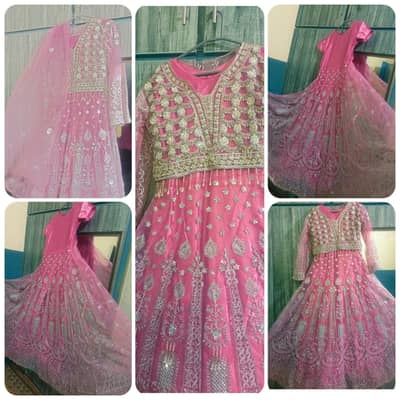 Pink Bridal Heavy Embroidered Maxi - Silver Tilla Work - Large Flare W