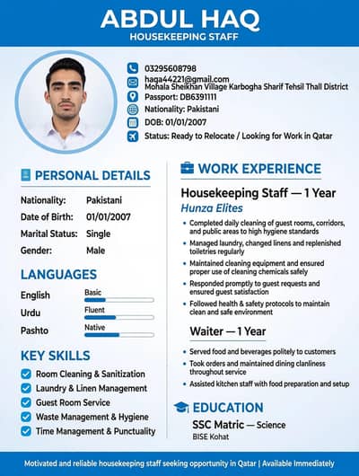 housekeeping and waiter and dishwasher and saleman I need job