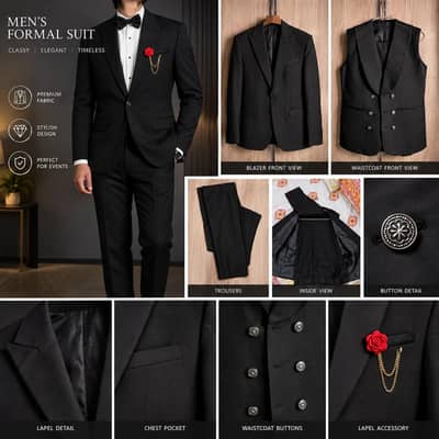 Premium Black 3-Piece Men’s Tuxedo Suit – Blazer, Waistcoat & Trousers