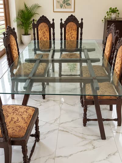 6 Seater Solid Wood Dining Table Set with Glass Top