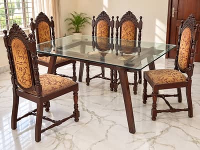 6 Seater Solid Wood Dining Table Set with Glass Top