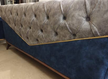Premium 7-Seater Tufted Velvet Sofa Set (Grey & Navy Blue)