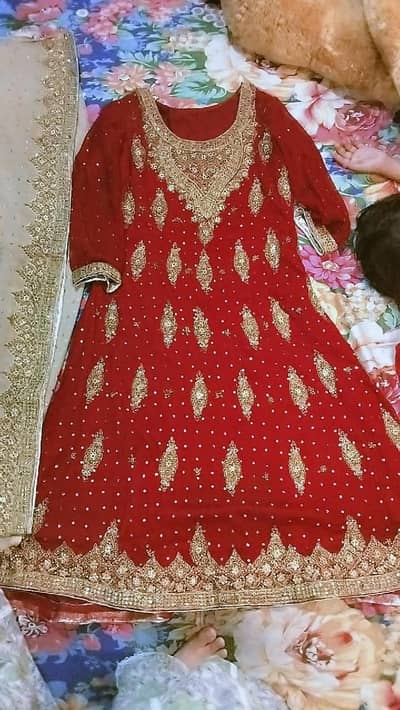 Red & Skin 3 Piece Heavy Embroidered Chiffon Fancy Dress - Bridal Wear