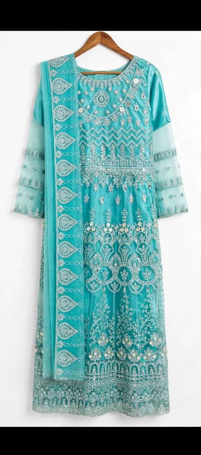 Fancy net embroidered sea green wedding dress