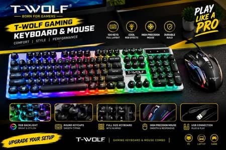 T-WOLF Gaming Keyboard & Mouse Combo | RGB Backlight | New